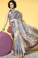 Grey Manipuri Silk Kalamkari Printed Saree