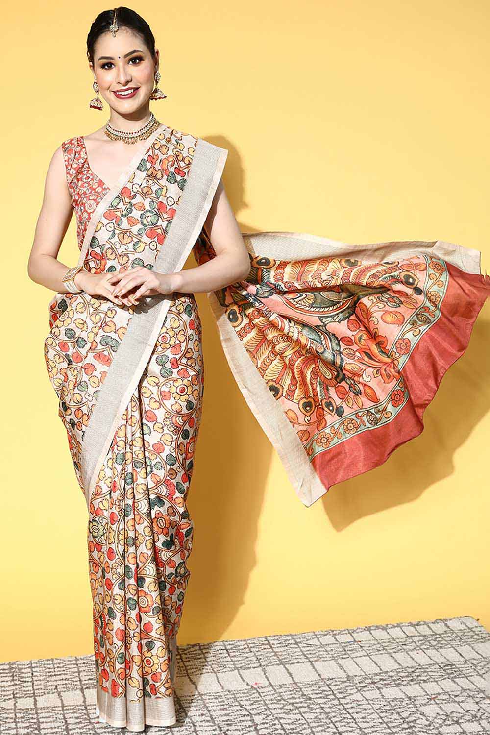 Beige Manipuri Silk Kalamkari Printed Saree