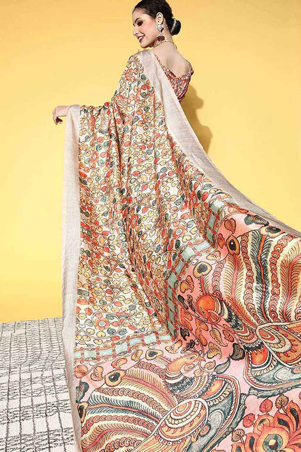 Beige Manipuri Silk Kalamkari Printed Saree