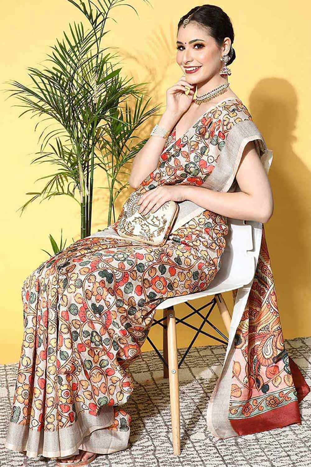 Beige Manipuri Silk Kalamkari Printed Saree