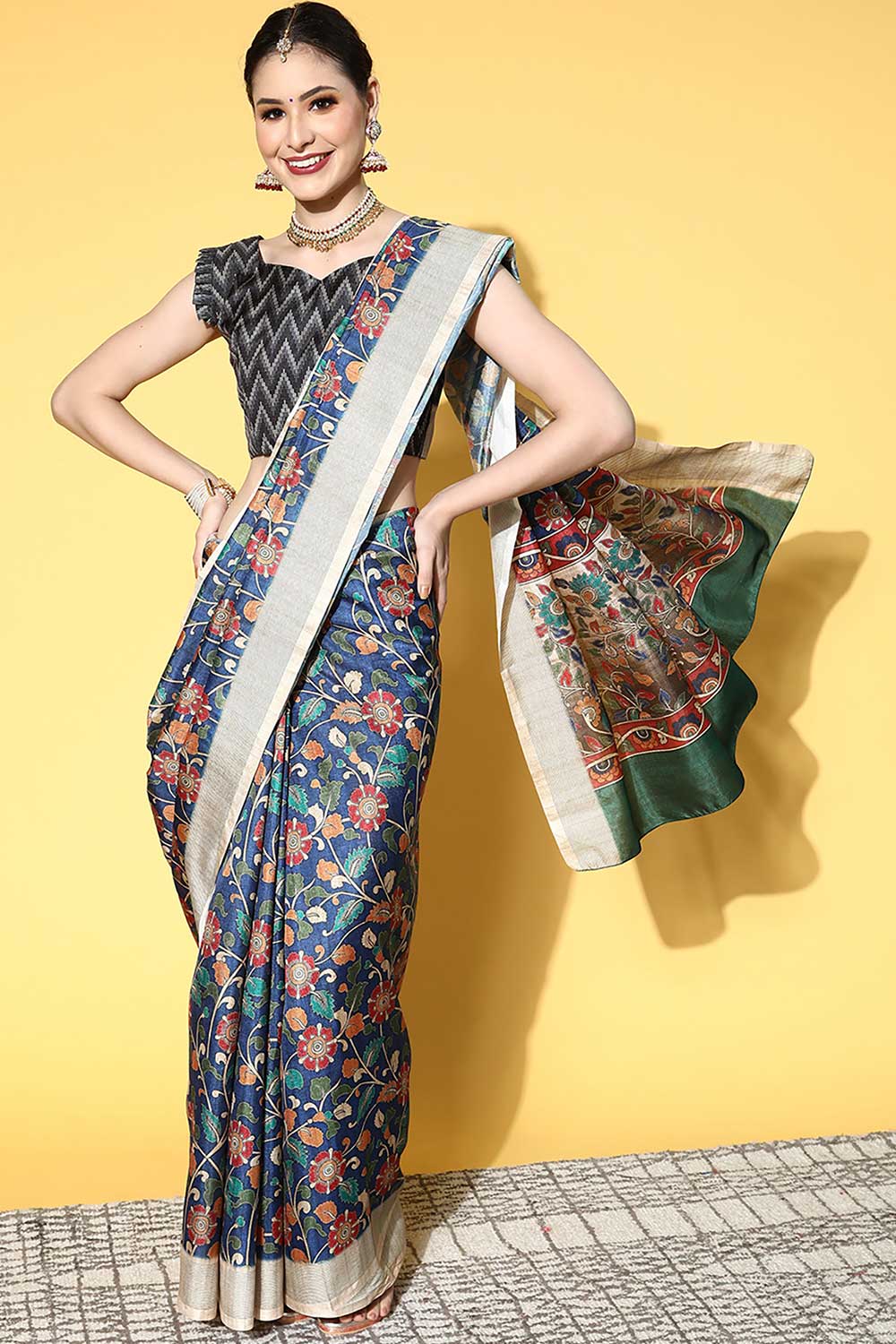 Buy Blue Manipuri Silk Kalamkari Printed Sarees Online – Karmaplace