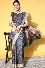 Blue Manipuri Silk Kalamkari Printed Saree