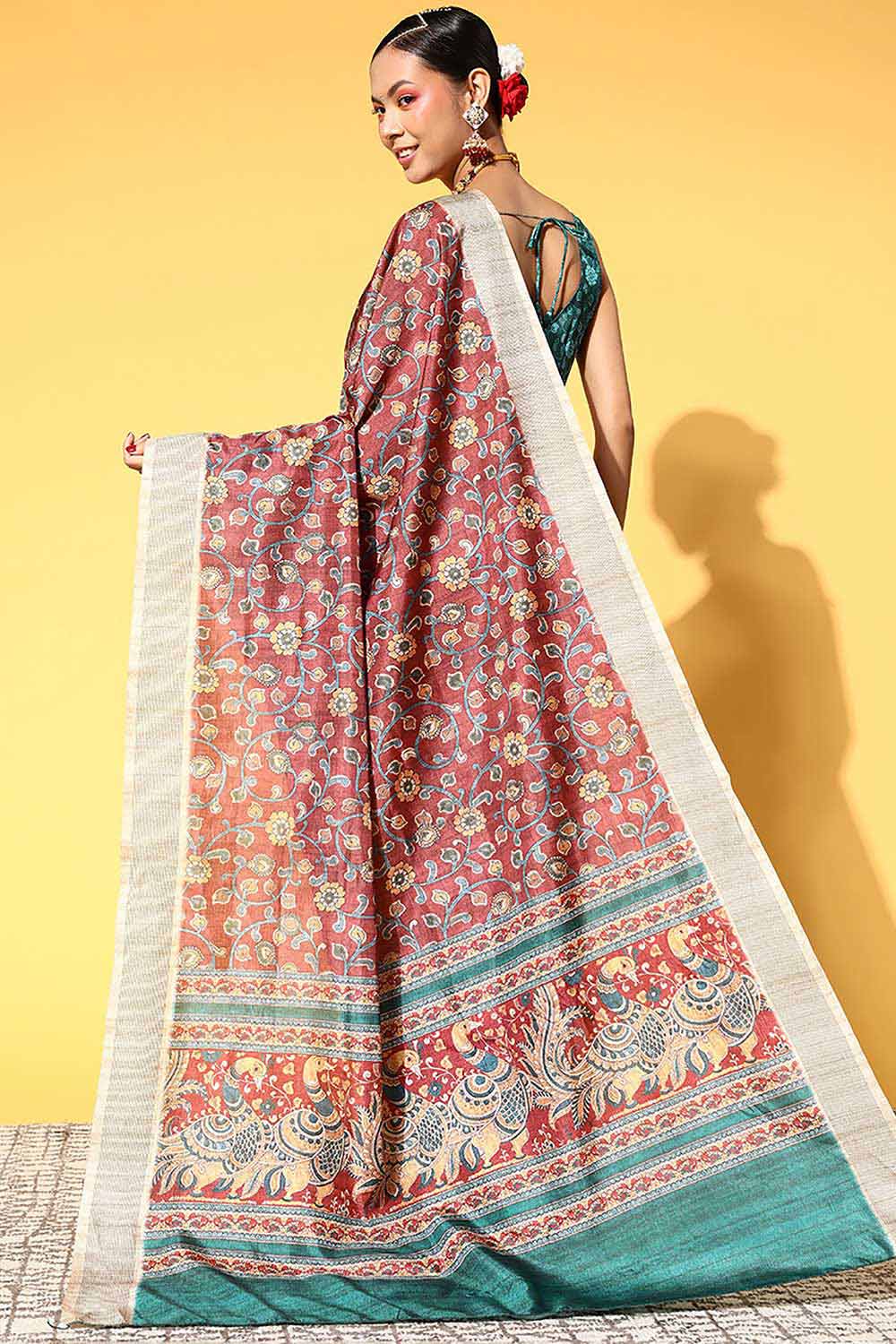 Brown Manipuri Silk Kalamkari Printed Saree