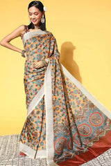 Mustard Manipuri Silk Kalamkari Printed Saree