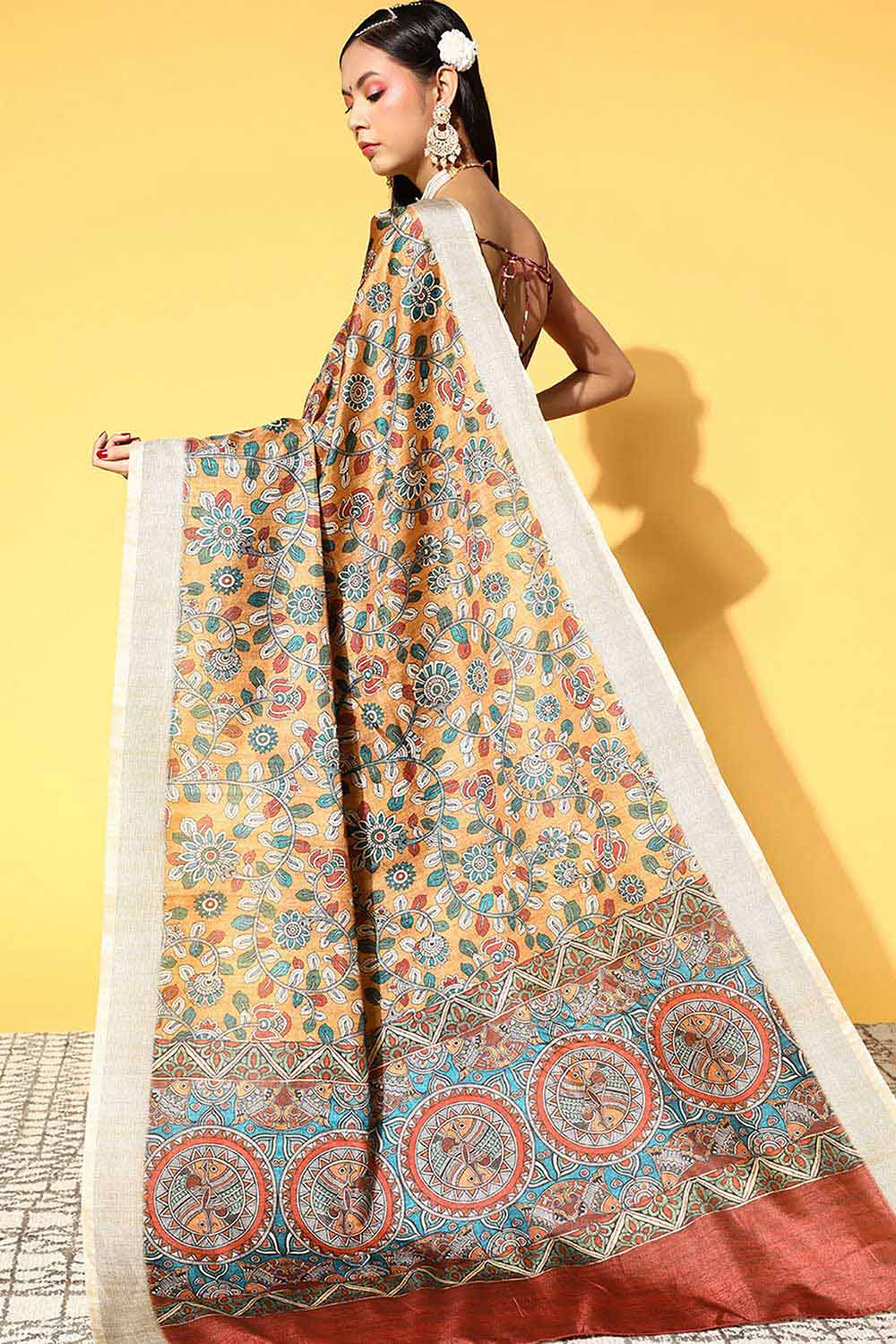 Mustard Manipuri Silk Kalamkari Printed Saree