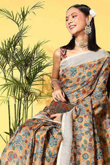 Mustard Manipuri Silk Kalamkari Printed Saree