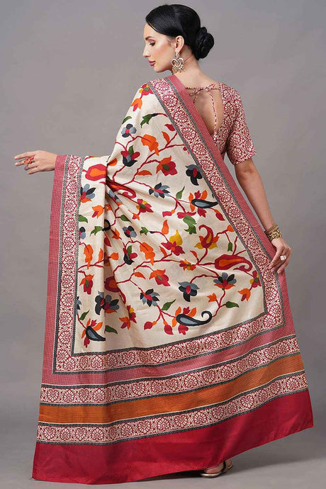 Manipuri Silk Cream Printed Designer Saree