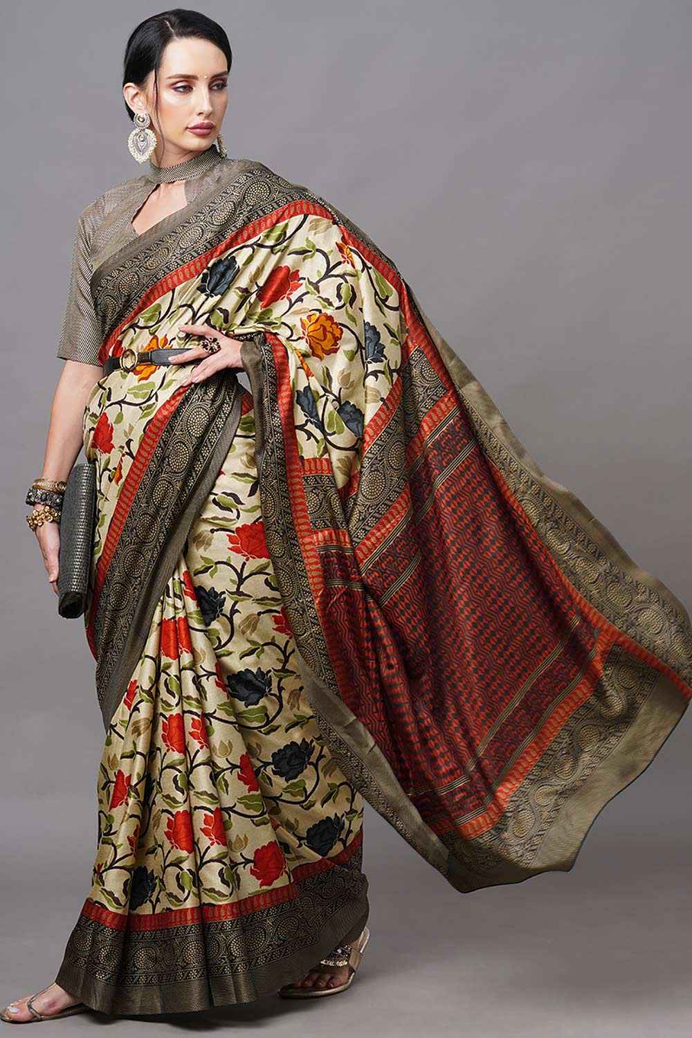 Manipuri Silk Cream Printed Designer Saree