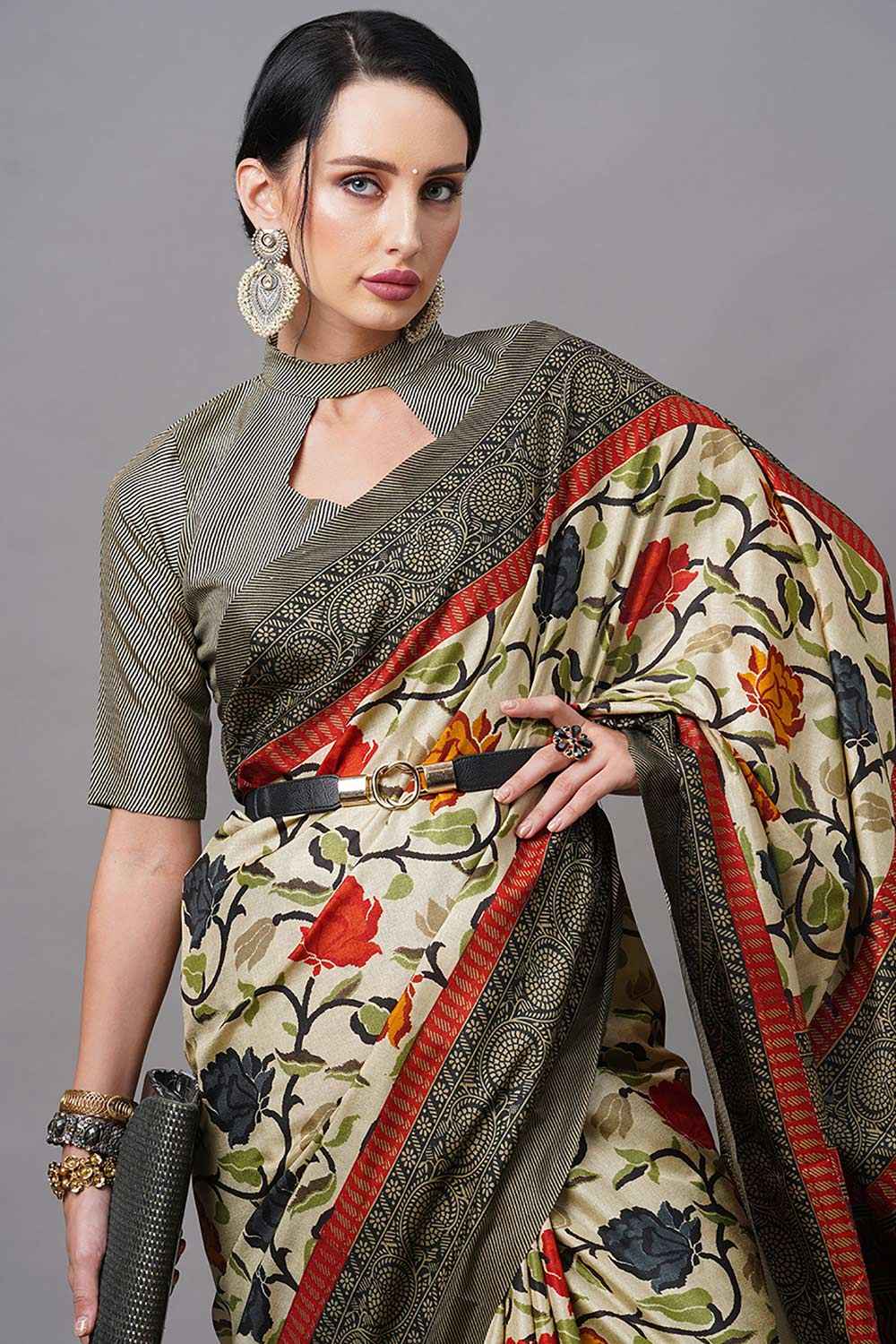 Manipuri Silk Cream Printed Designer Saree