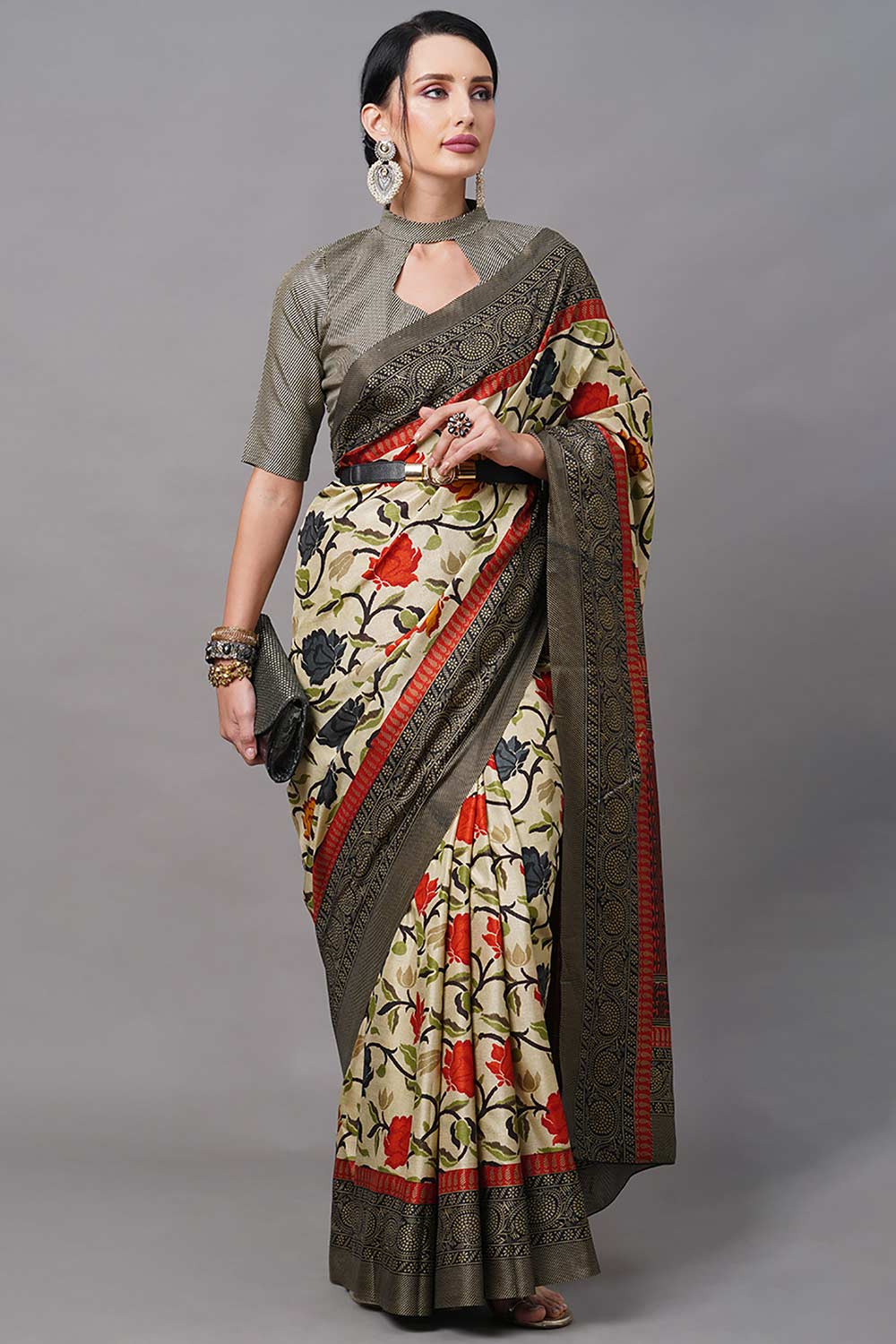 Manipuri Silk Cream Printed Designer Saree