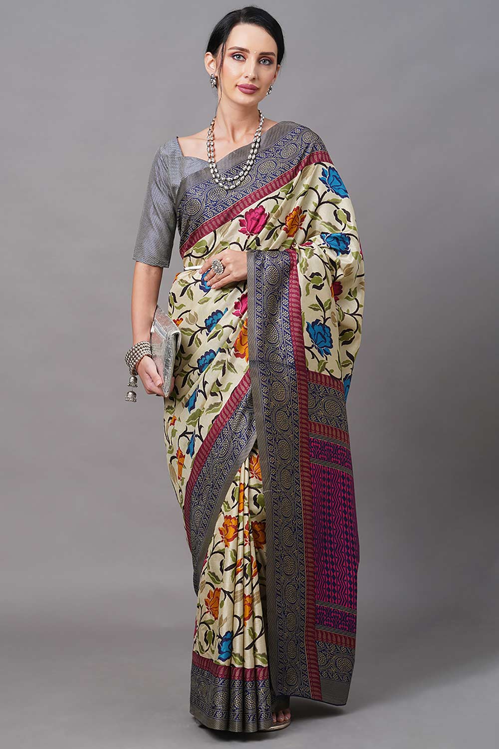 Manipuri Silk Cream Printed Designer Saree