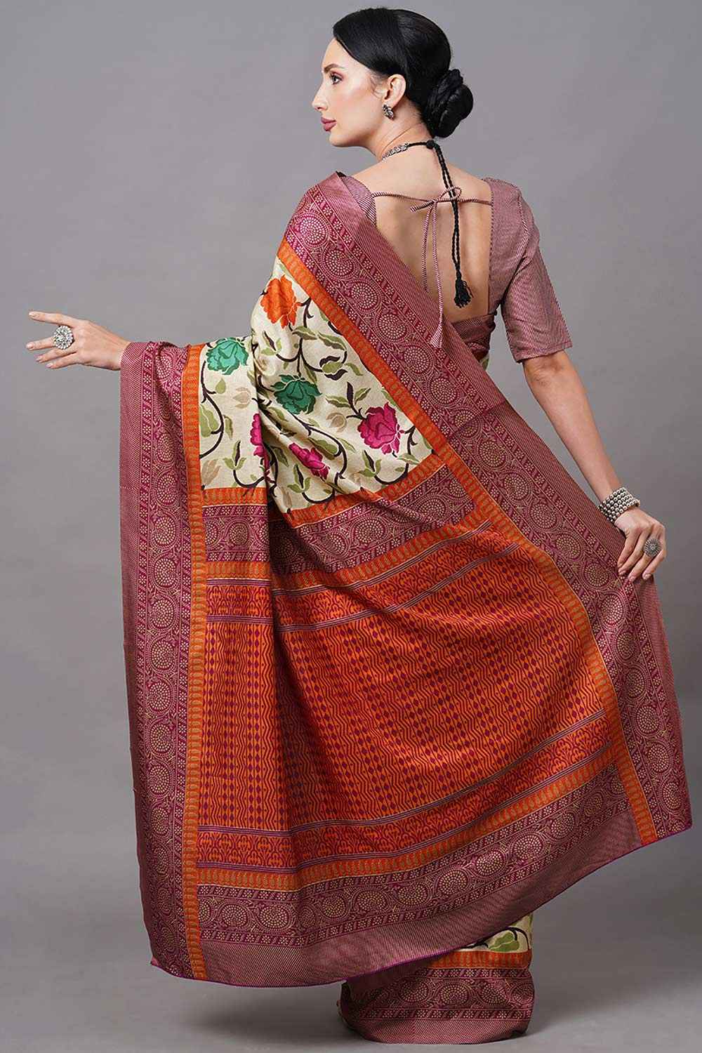 Manipuri Silk Cream Printed Designer Saree