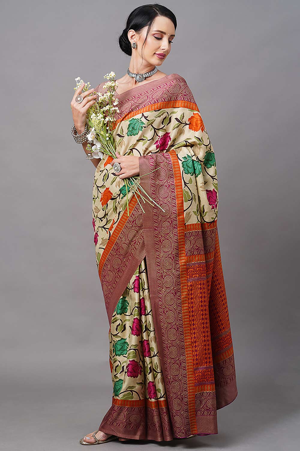 Manipuri Silk Cream Printed Designer Saree