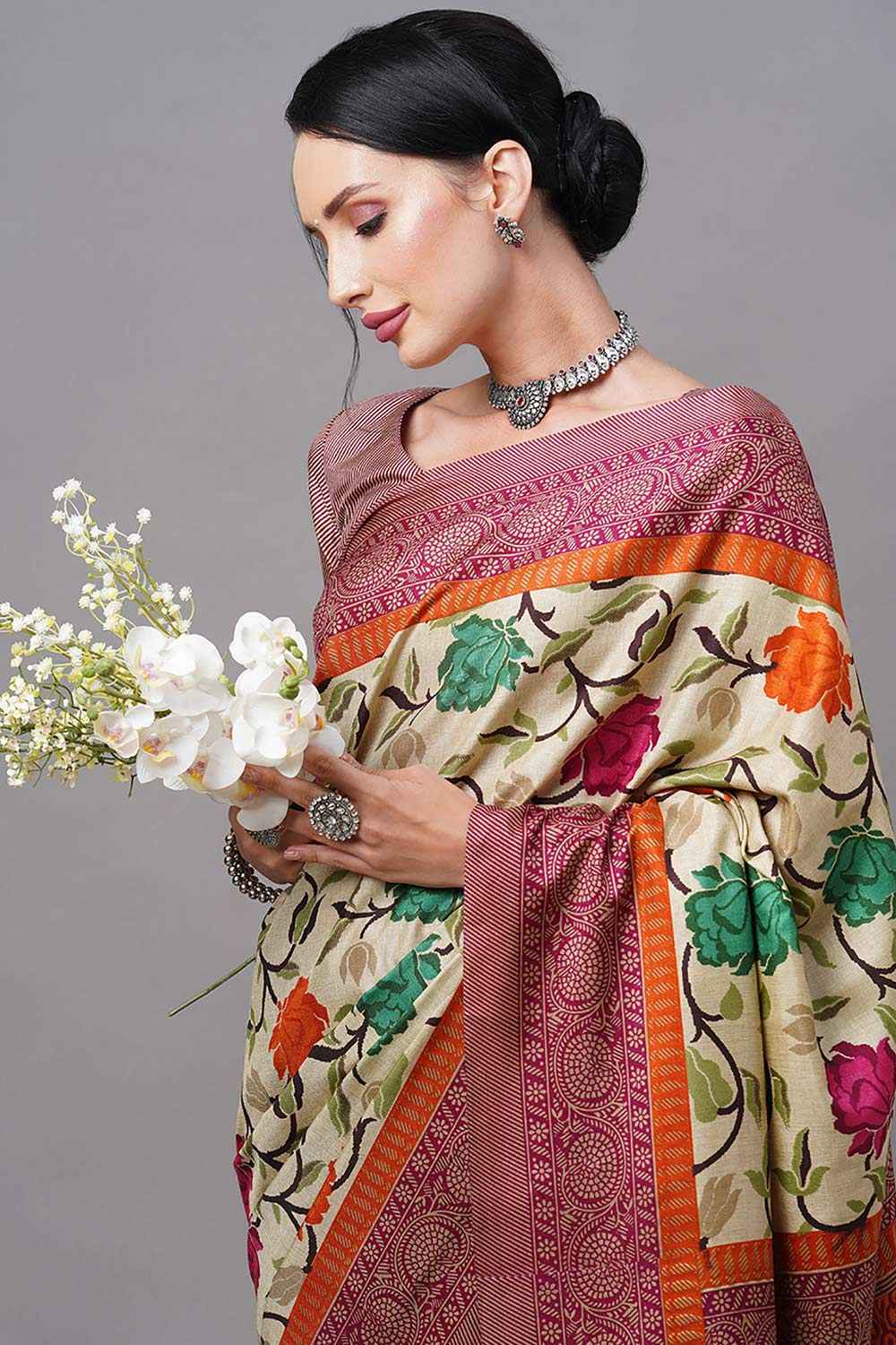 Manipuri Silk Cream Printed Designer Saree