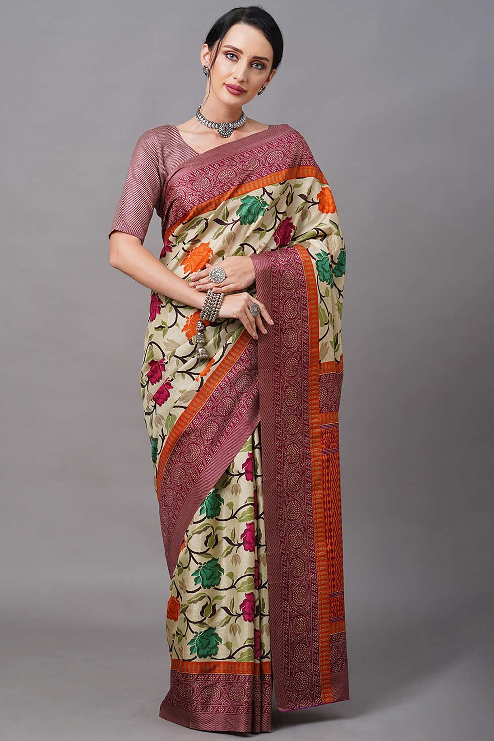 Manipuri Silk Cream Printed Designer Saree