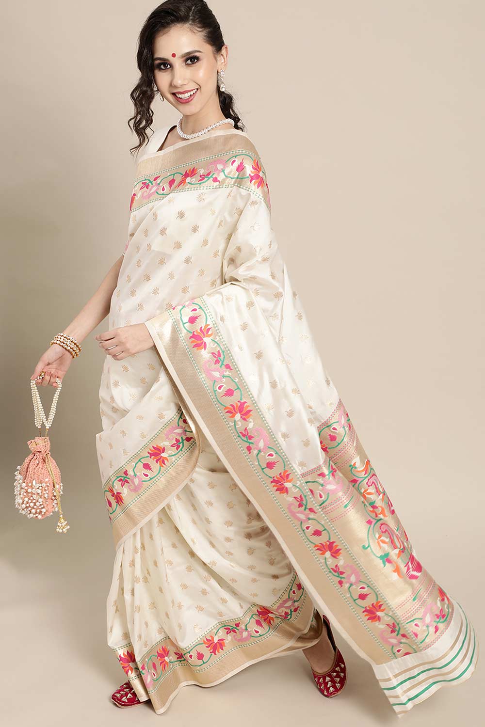 Off White Silk Blend Floral Woven Design Banarasi Saree