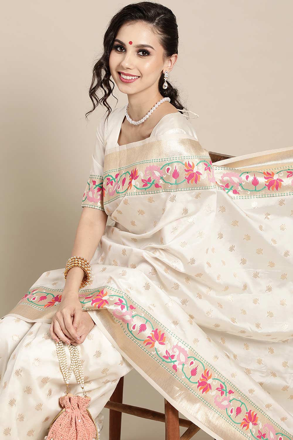 Off White Silk Blend Floral Woven Design Banarasi Saree