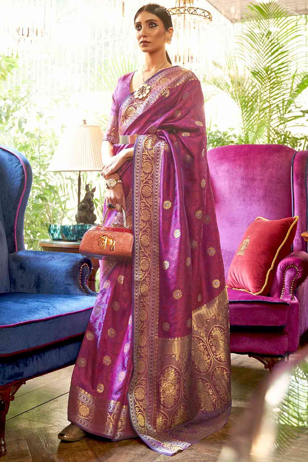 Magenta Silk Blend Floral Woven Design Banarasi Saree