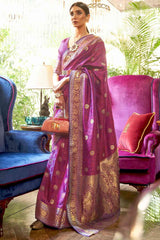 Magenta Silk Blend Floral Woven Design Banarasi Saree