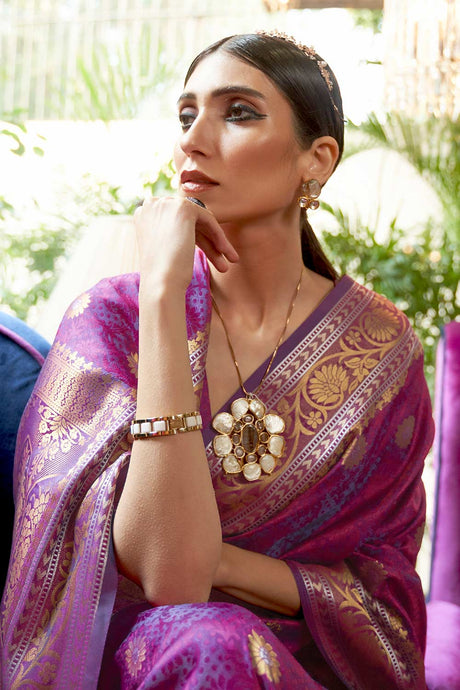 Magenta Silk Blend Floral Woven Design Banarasi Saree