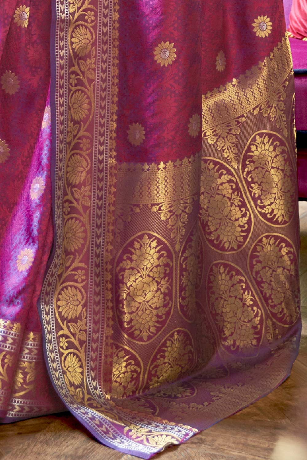 Magenta Silk Blend Floral Woven Design Banarasi Saree