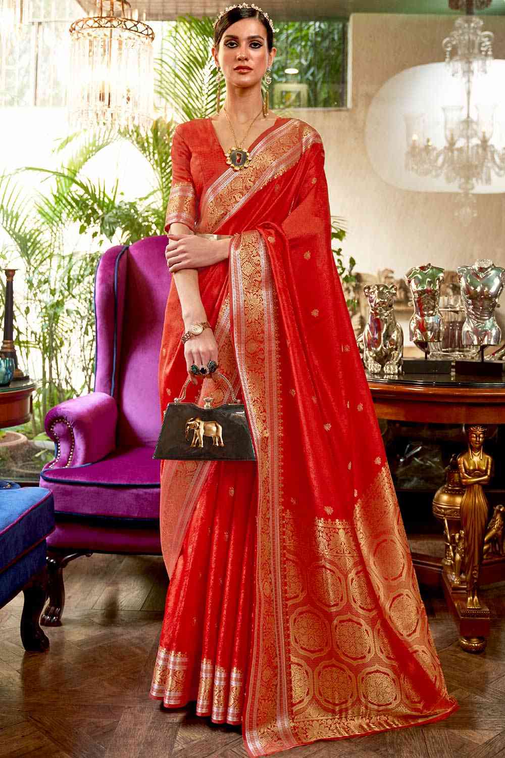 Red Silk Blend Floral Woven Design Banarasi Saree