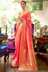 Peach Silk Blend Floral Woven Design Banarasi Saree