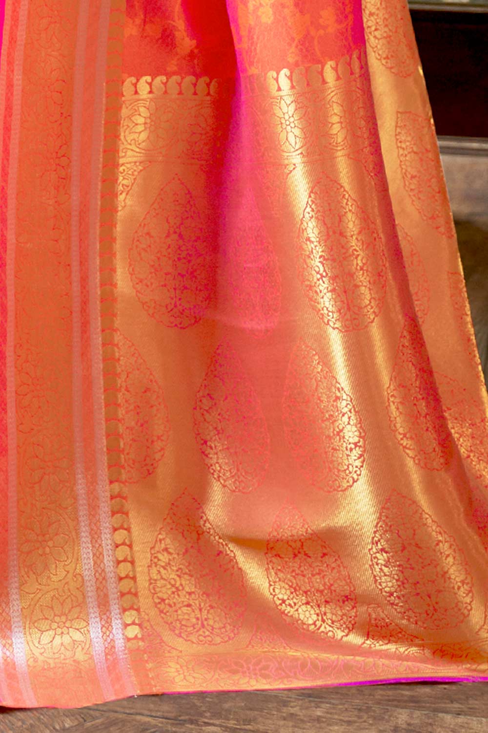 Peach Silk Blend Floral Woven Design Banarasi Saree