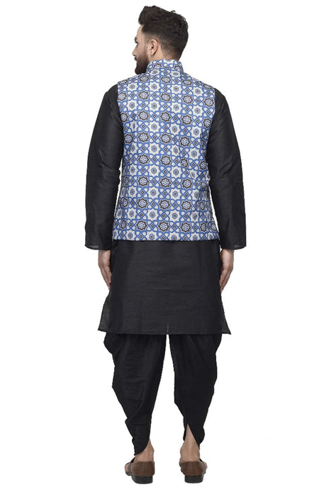 Buy Men's Black Silk Blend Geometric Printed Men's Kurta Pajama Jacket Set Online
