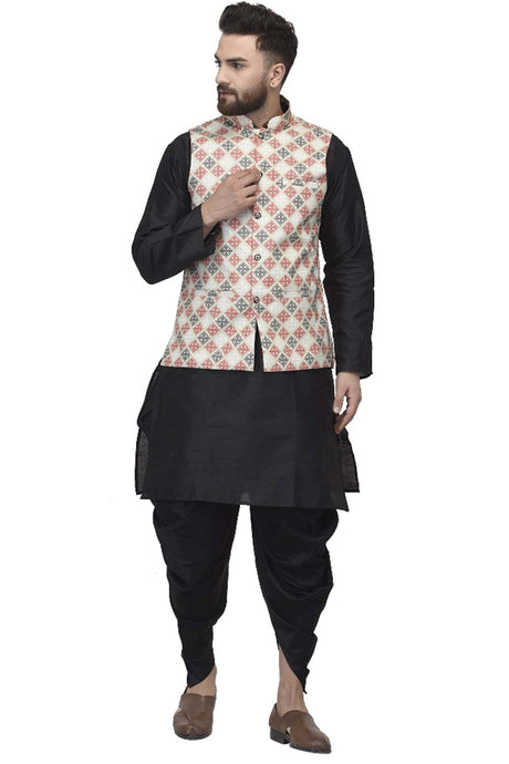 Buy Men's Black Silk Blend Geometric Printed Men's Kurta Pajama Jacket Set Online
