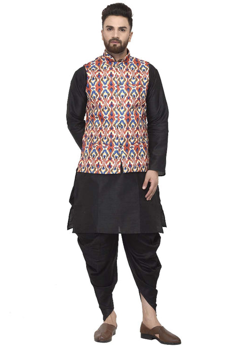 Buy Men's Black Silk Blend Abstract Printed Men's Kurta Pajama Jacket Set Online