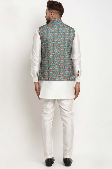 Buy Men's White Silk Blend Chevrons Printed Men's Kurta Pajama Jacket Set Online