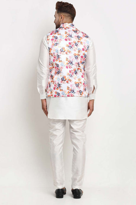 Buy Men's White Silk Blend Floral Printed Men's Kurta Pajama Jacket Set Online