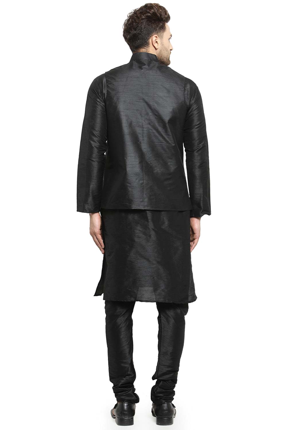 Buy Men's Black Silk Blend Solid Men's Kurta Pajama Jacket Set Online
