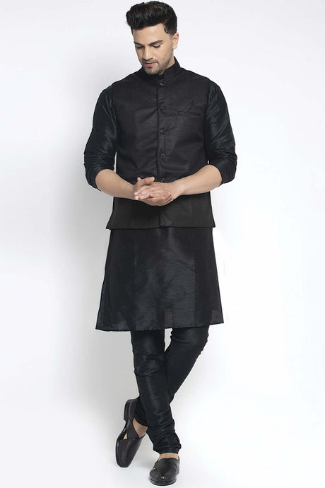 Buy Men's Black Silk Blend Solid Men's Kurta Pajama Jacket Set Online