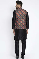 Buy Men's Black Silk Blend Floral Printed Men's Kurta Pajama Jacket Set Online