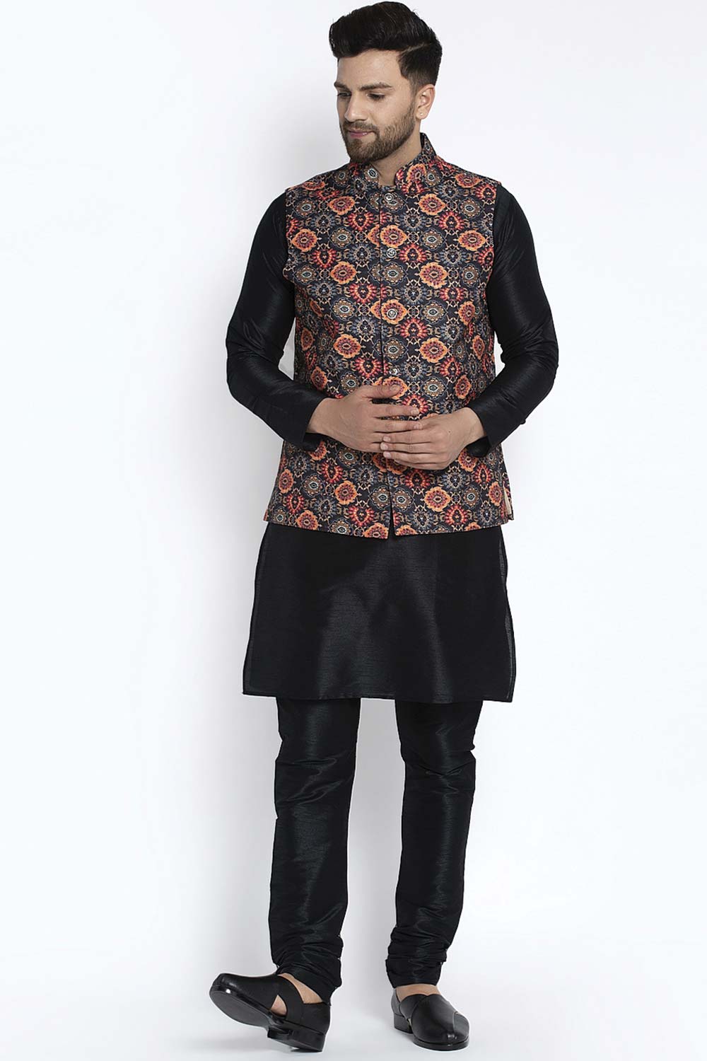 Buy Men's Black Silk Blend Floral Printed Men's Kurta Pajama Jacket Set Online