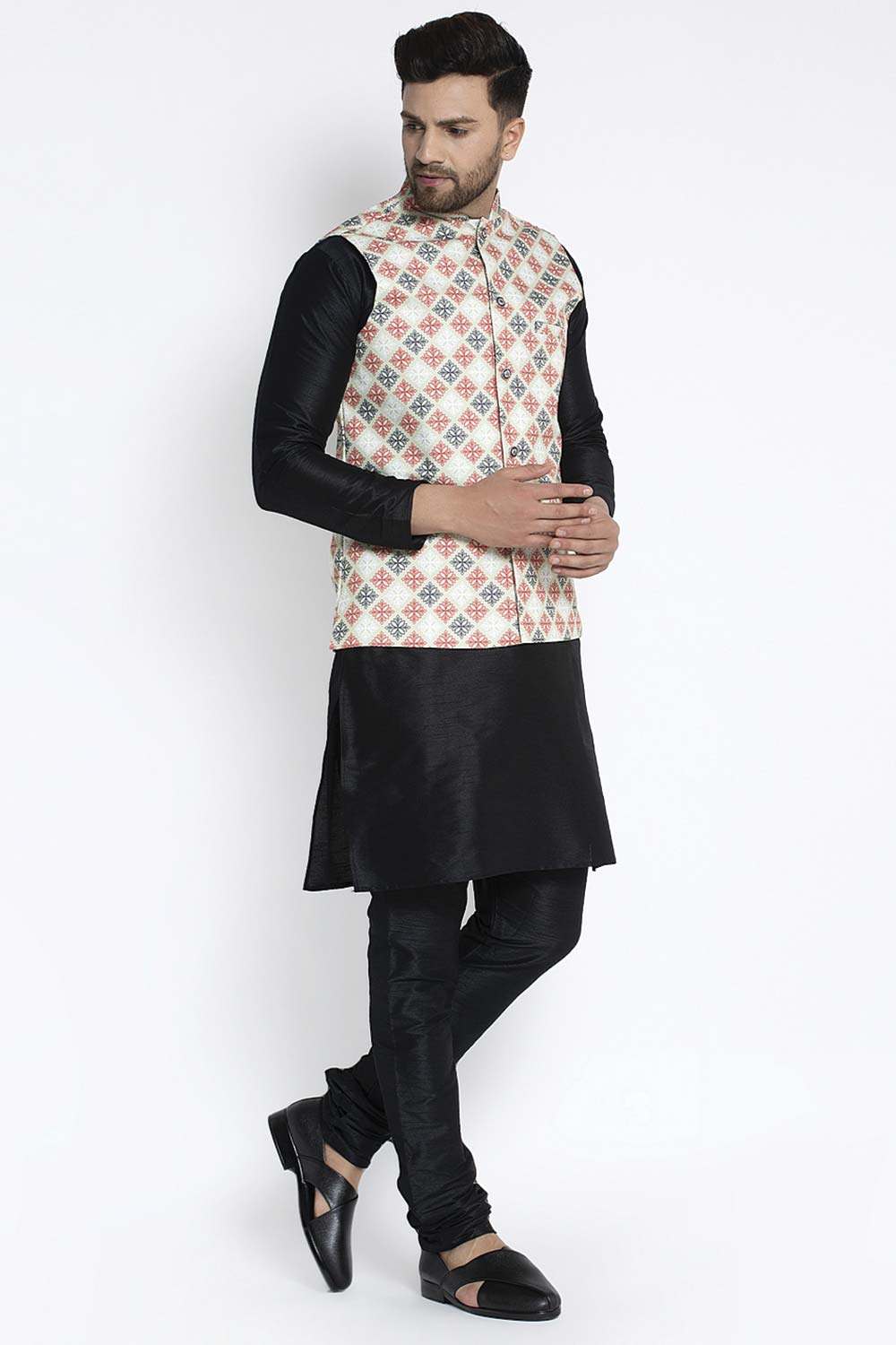 Buy Men's Black Silk Blend Checks Printed Men's Kurta Pajama Jacket Set Online