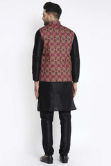 Buy Men's Black Silk Blend Paisley Printed Men's Kurta Pajama Jacket Set Online