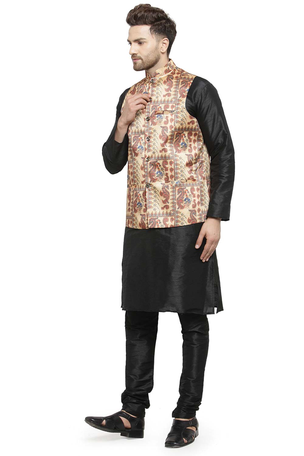 Buy Men's Black Silk Blend Paisley Printed Men's Kurta Pajama Jacket Set Online