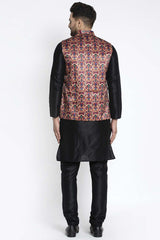 Buy Men's Black Silk Blend Micro Printed Men's Kurta Pajama Jacket Set Online