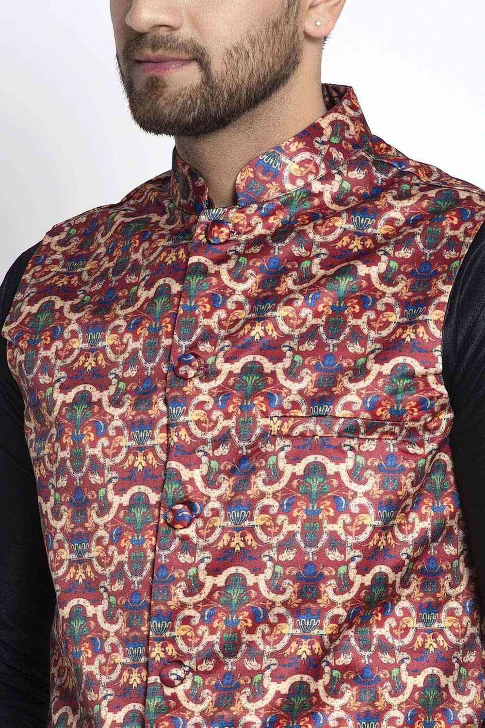 Buy Men's Black Silk Blend Micro Printed Men's Kurta Pajama Jacket Set Online