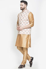 Buy Men's Copper Silk Blend Checks Printed Men's Kurta Pajama Jacket Set Online