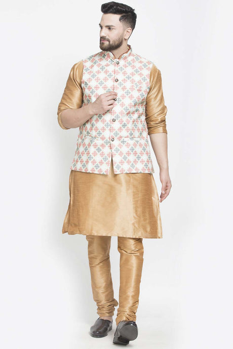 Buy Men's Copper Silk Blend Checks Printed Men's Kurta Pajama Jacket Set Online
