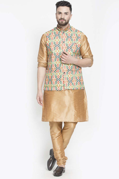 Buy Men's Copper Silk Blend Chevrons Printed Men's Kurta Pajama Jacket Set Online