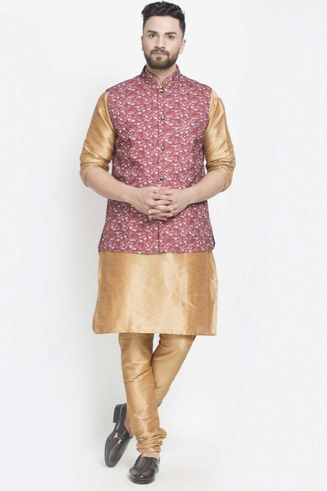 Buy Men's Copper Silk Blend Micro Printed Men's Kurta Pajama Jacket Set Online