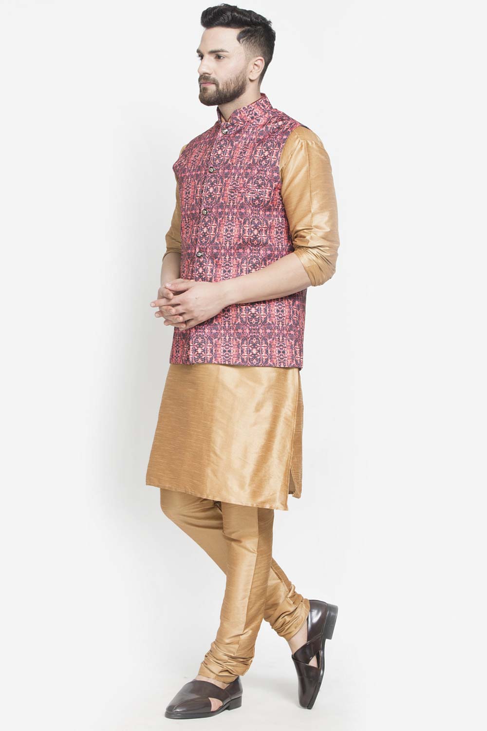 Buy Men's Copper Silk Blend Abstract Printed Men's Kurta Pajama Jacket Set Online