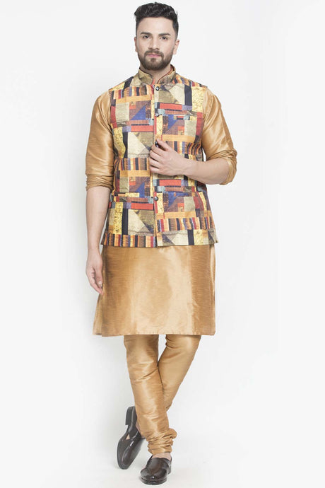 Buy Men's Copper Silk Blend Geometric Printed Men's Kurta Pajama Jacket Set Online