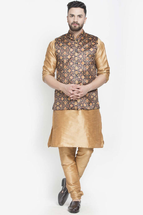 Buy Men's Copper Silk Blend Floral Printed Men's Kurta Pajama Jacket Set Online