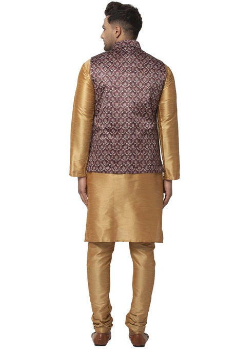 Buy Men's Copper Silk Blend Leaf Printed Men's Kurta Pajama Jacket Set Online